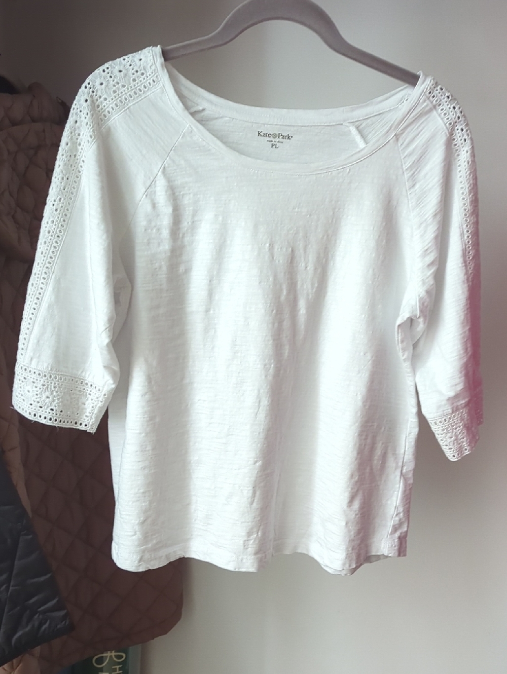 Kate Park White Crochet-Sleeve Women’s Top Large Petite